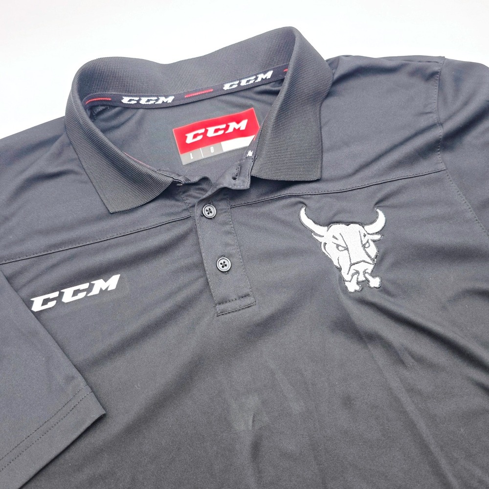 CCM Tactical Dry Men Black Polo Shirt Large Embroidered Bull Logo Hockey Sport